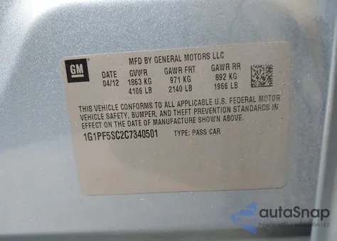 2012 Chevrolet Cruze 1Lt из США, поврежденный, VIN 1G1PF5SC2C7340501